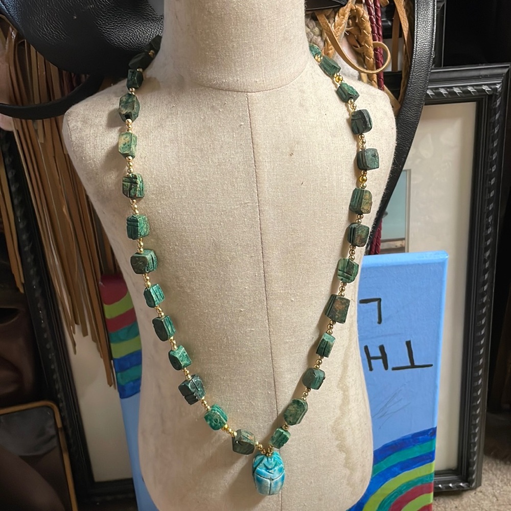 Vintage Turquoise Carved Soap Stone Scarab Beetle Egyptian Signed Necklace 30”